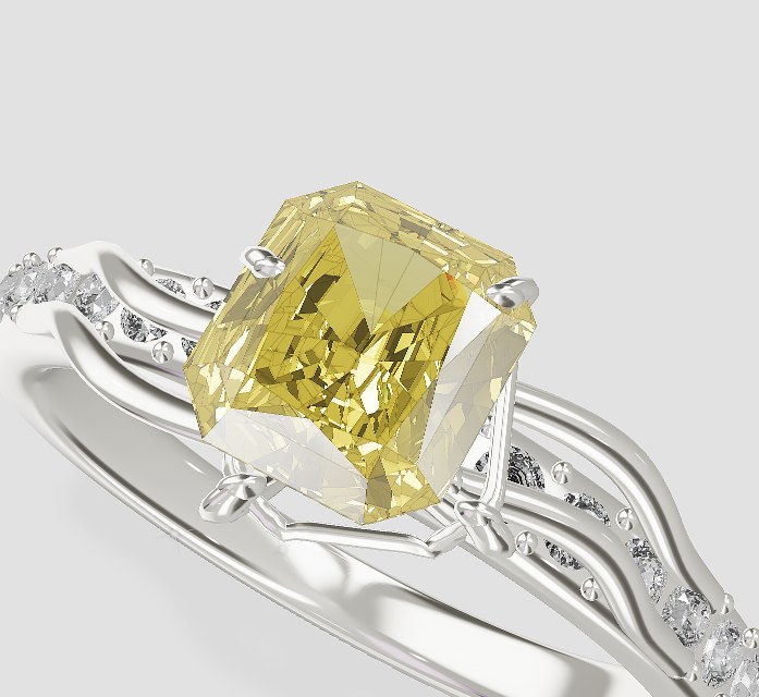 A yellow radiant diamond ring with a pavé band, rendered in AKIRA